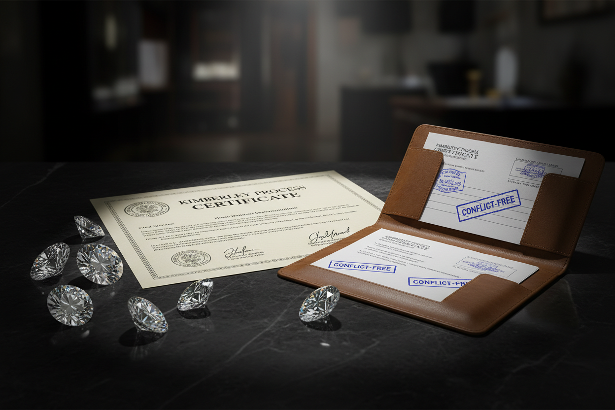 Kimberley Process certification document with conflict-free diamonds and compliance documentation showing ethical sourcing standards and international diamond trade regulations