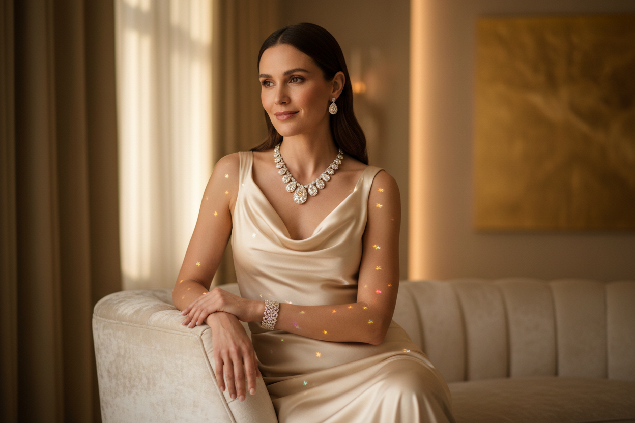 Lab-grown diamond earrings, necklace, bracelet and ring arranged in a polished fine-jewelry editorial – Bijoux NYC Direct
