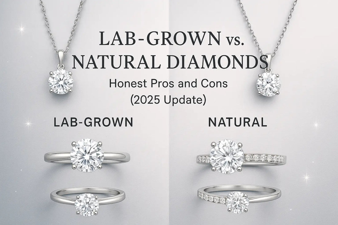 Split-screen comparison of lab-grown and natural diamonds featuring elegant diamond rings and jewelry with professional lighting and sparkle effects