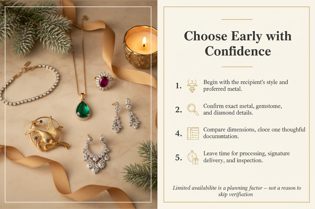 Limited-availability holiday jewelry gift guide hero — curated fine jewelry flat-lay with five-step early planning guide on champagne marble — Bijoux NYC Direct