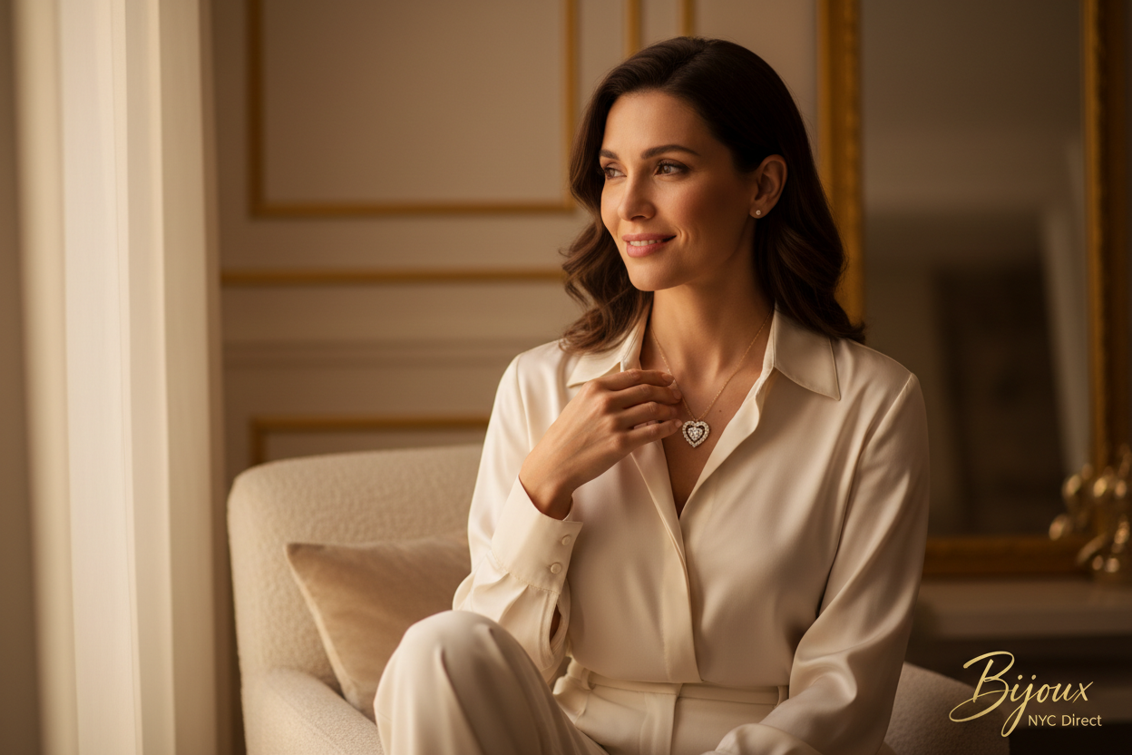 Woman wearing a diamond heart pendant in warm golden light for a fine jewelry gift story – Bijoux NYC Direct