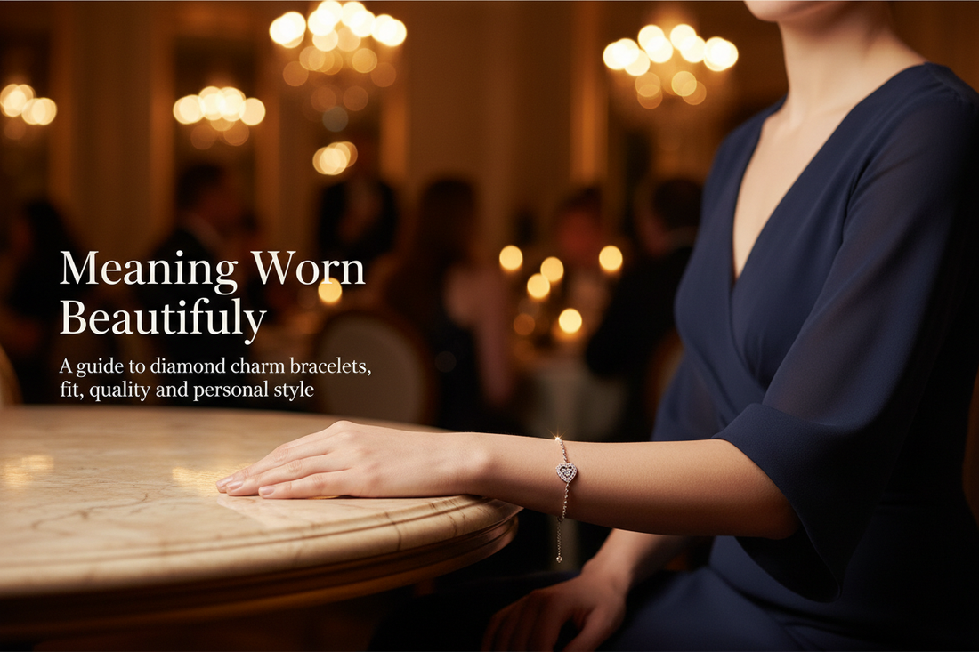 Elegant woman wearing a delicate diamond heart charm bracelet at a refined evening gathering — Bijoux NYC Direct