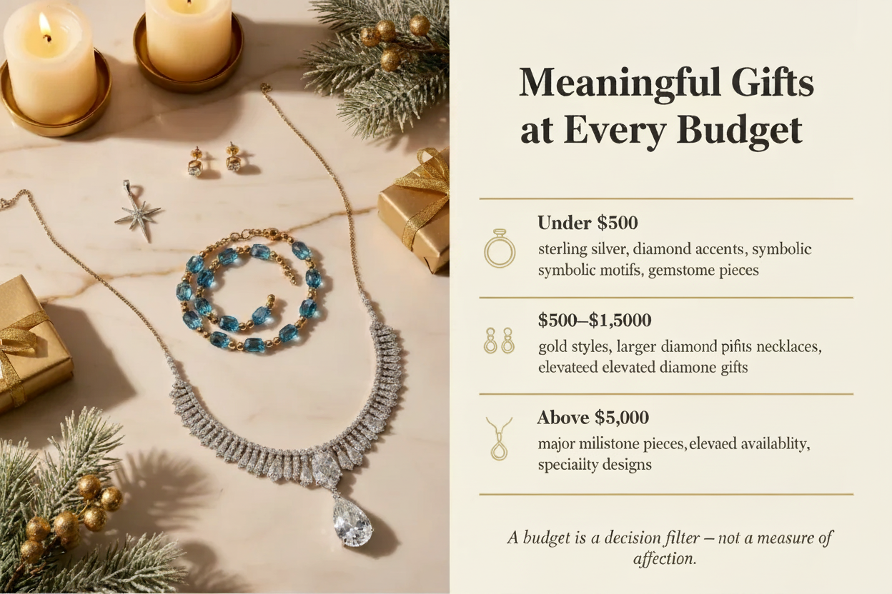 Meaningful Gifts at Every Budget — holiday jewelry gift guide featuring diamond necklace, gemstone bracelet, and gold earrings with three price tiers: Under $500, $500–$1,500, and Above $5,000 — Bijoux NYC Direct