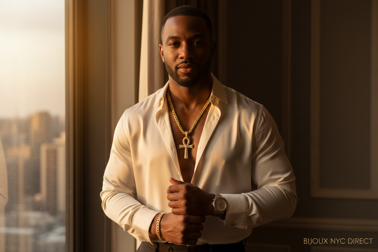 Confident man in warm golden light wearing a diamond Ankh cross pendant on a gold chain and a Cuban link bracelet beside a classic watch – Bijoux NYC Direct