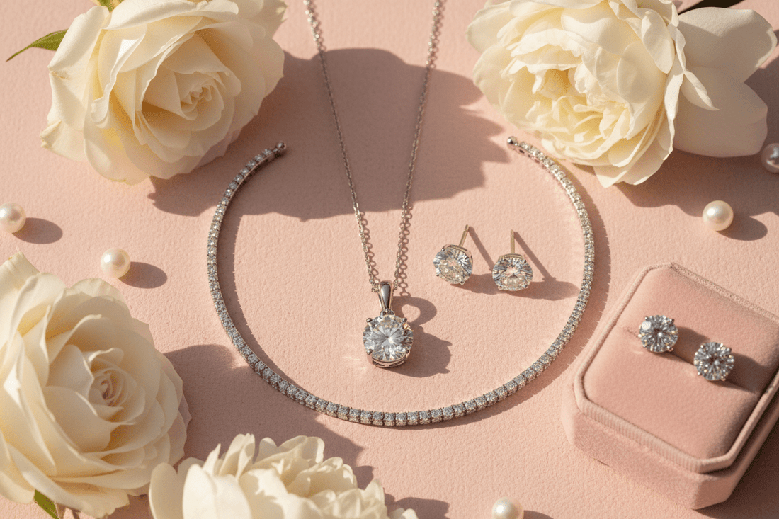 Elegant diamond jewelry gift ideas for Mother's Day — featuring a diamond pendant necklace, diamond stud earrings, and a delicate diamond bracelet arranged with white roses on a soft blush background.