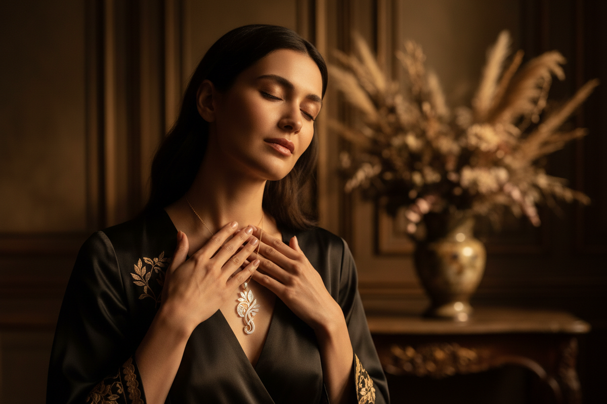 Diamond and gemstone motif jewelry styled in a refined gold-and-neutral editorial scene – Bijoux NYC Direct