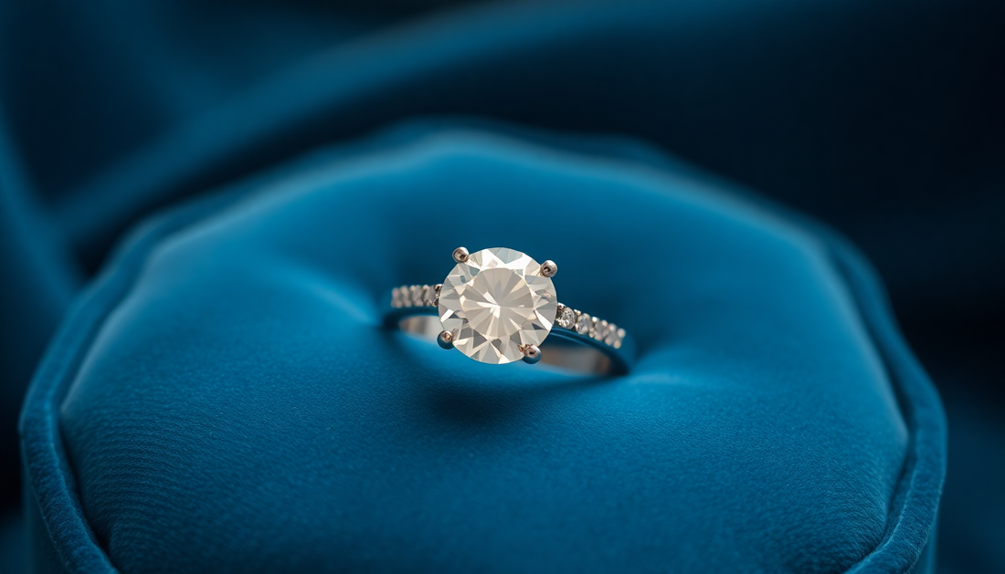 Round brilliant diamond engagement ring on blue velvet — conflict-free, Kimberley Process guide
