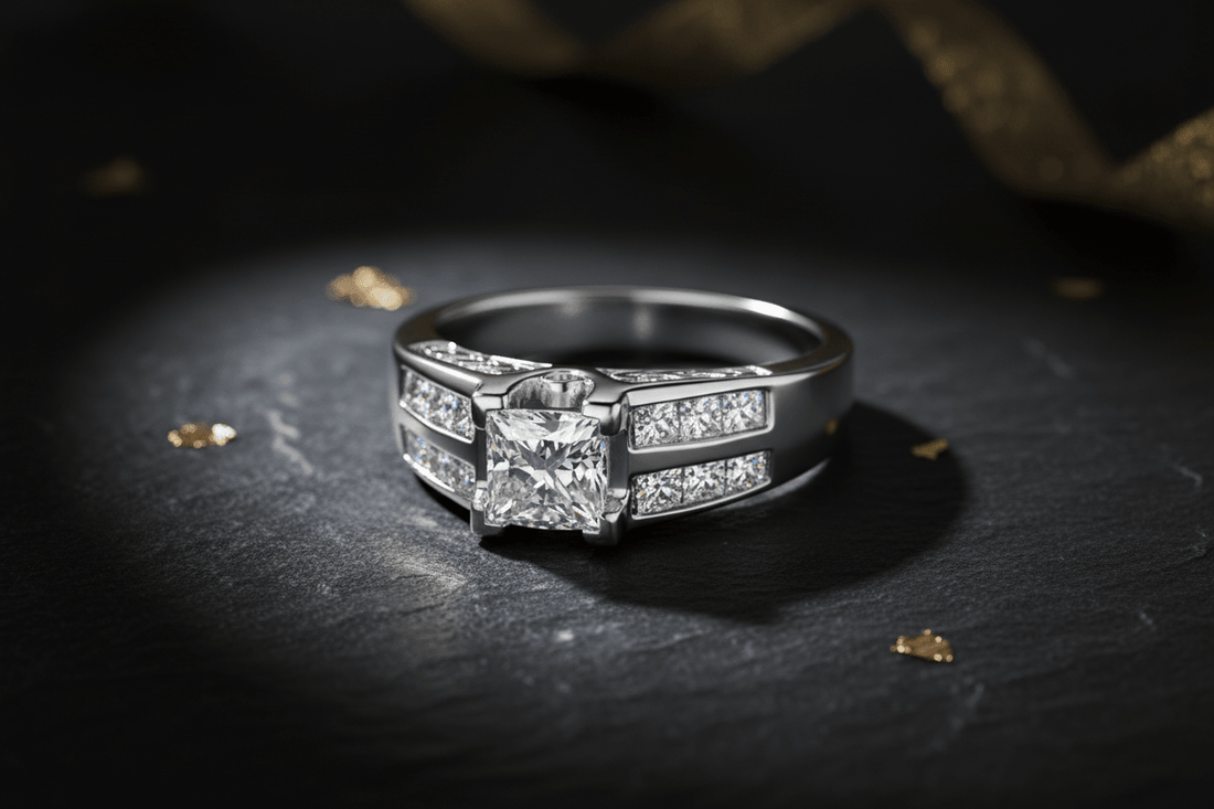 14K white gold princess-cut diamond channel-set engagement ring with dramatic lighting showing square center diamond and double-row structured bridal design