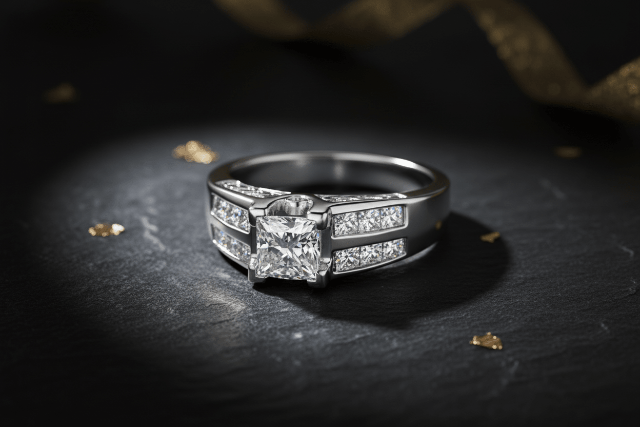 14K white gold princess-cut diamond channel-set engagement ring with dramatic lighting showing square center diamond and double-row structured bridal design