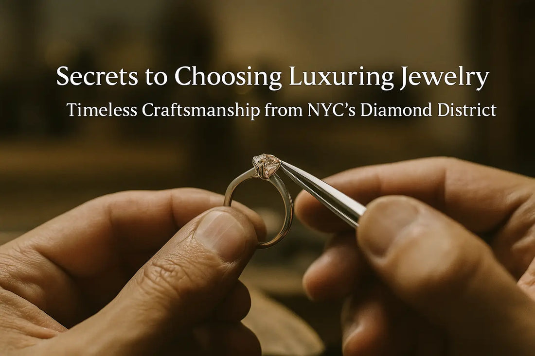 Close-up of jeweler’s hands inspecting a diamond ring with tweezers, softly lit workshop background, luxury jewelry theme with title overlay.
