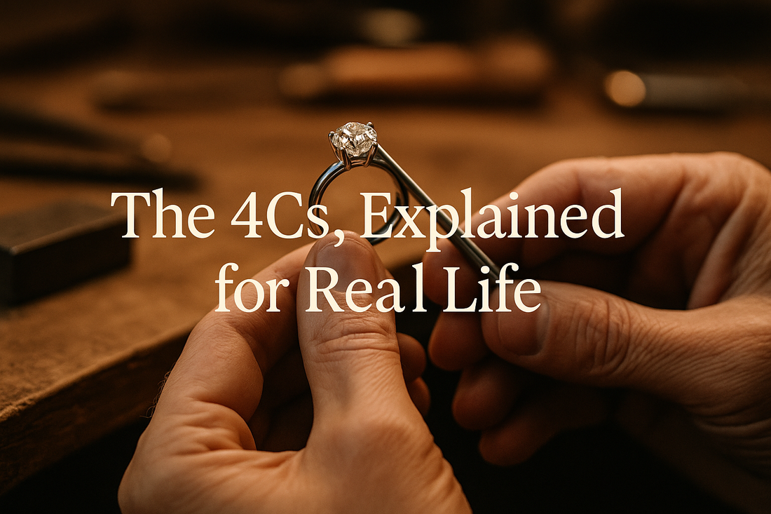 Close-up of jeweler’s hands holding a diamond engagement ring with tweezers under warm workshop lighting, illustrating the 4Cs of diamonds in real life