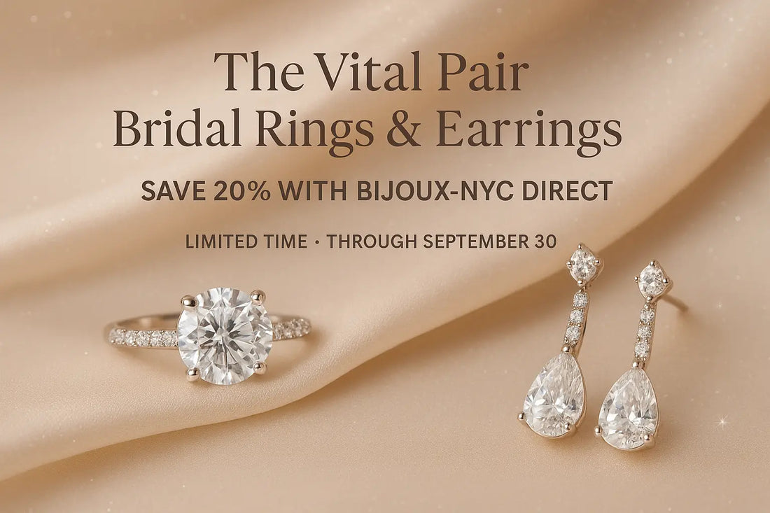 Elegant hero banner featuring sparkling diamond bridal ring and matching earrings on luxurious background with text 'The Vital Pair: Bridal Rings & Earrings - Save 20% with Bijoux-NYC Direct' and 'Limited Time Through September 30'