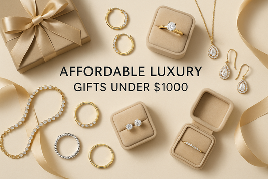 Affordable luxury jewelry gifts under $1000 featuring diamond tennis bracelets, gold stackable rings, layered chain necklaces, hoop earrings, and pearls with elegant packaging