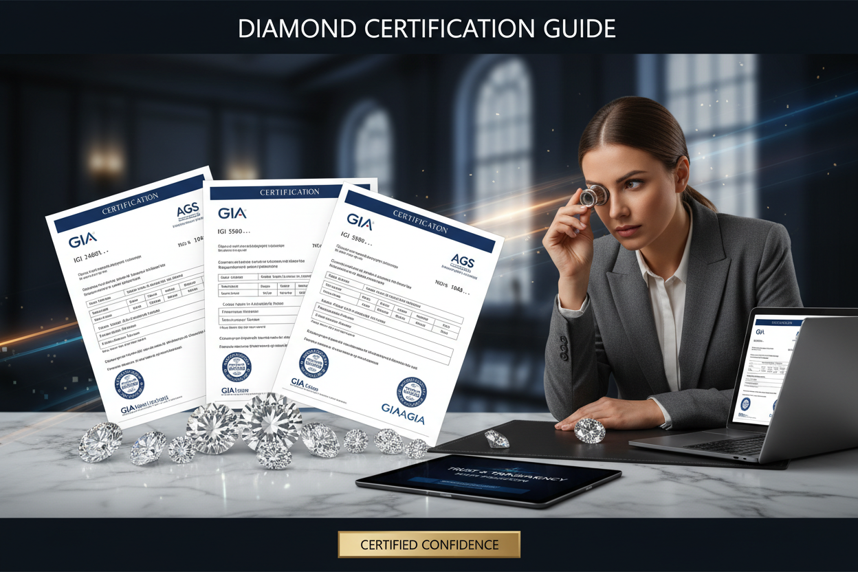 Diamond certification guide: GIA, IGI, and AGS grading reports with certified diamonds and verification