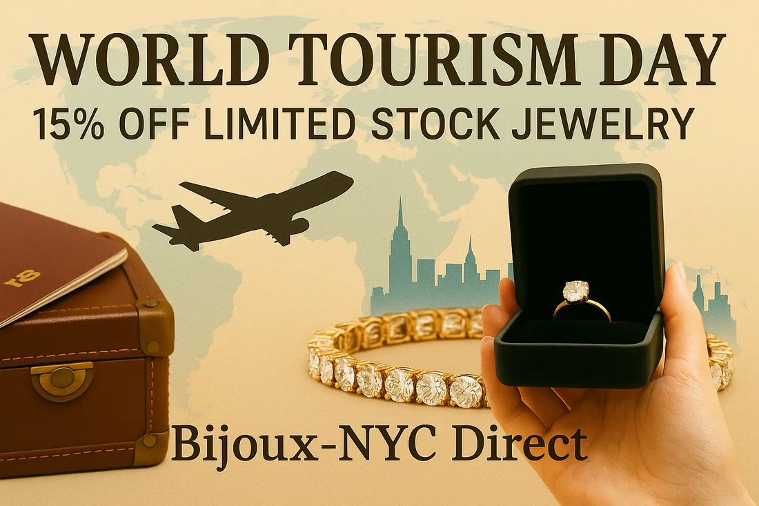 World Tourism Day hero banner featuring luxury diamond bracelet and ring with global travel theme, 15% off limited stock jewelry, Bijoux-NYC Direct.
