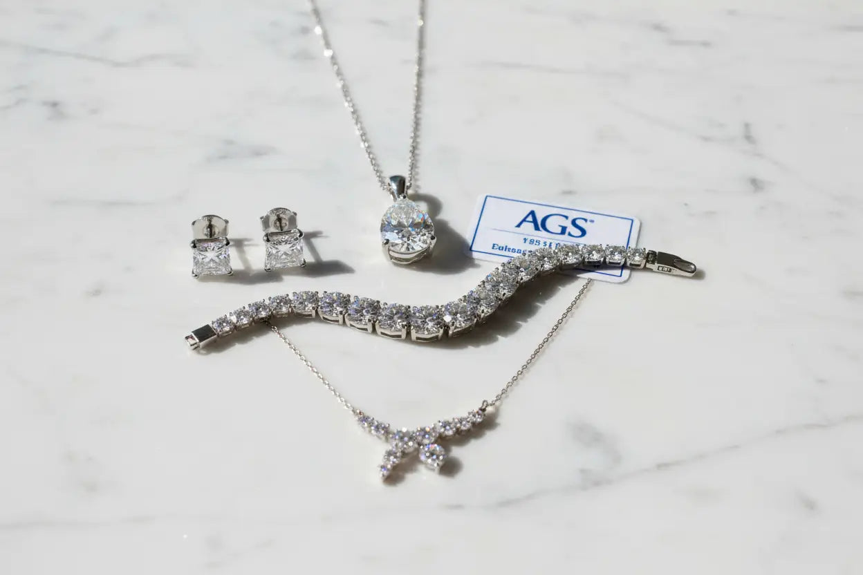 AGS certified diamond jewelry including tennis bracelet, princess cut stud earrings, pear pendant necklace, and journey pendant in 14K and 18K white and yellow gold – Bijoux NYC Direct