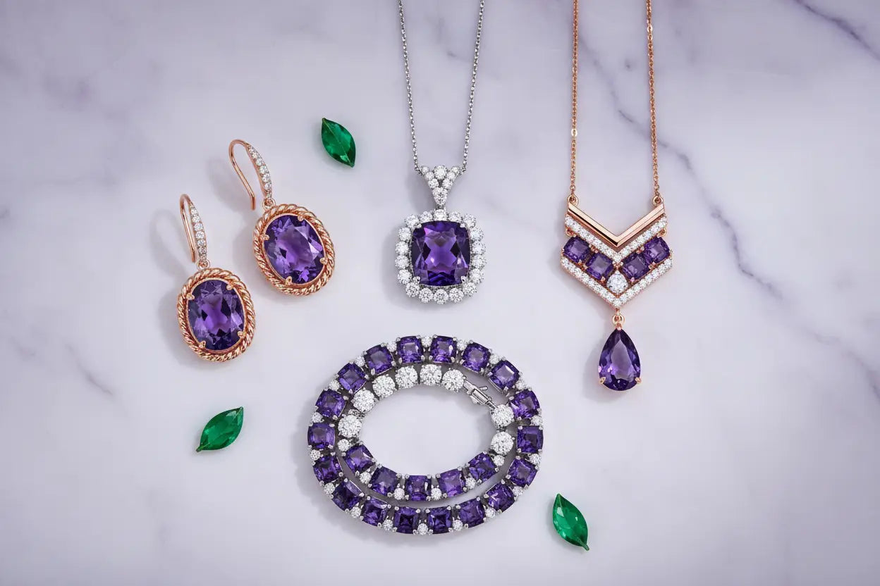 Purple amethyst diamond halo pendant necklace, chevron teardrop necklace, oval drop earrings, and amethyst tennis bracelet — amethyst fine jewelry collection at Bijoux NYC Direct