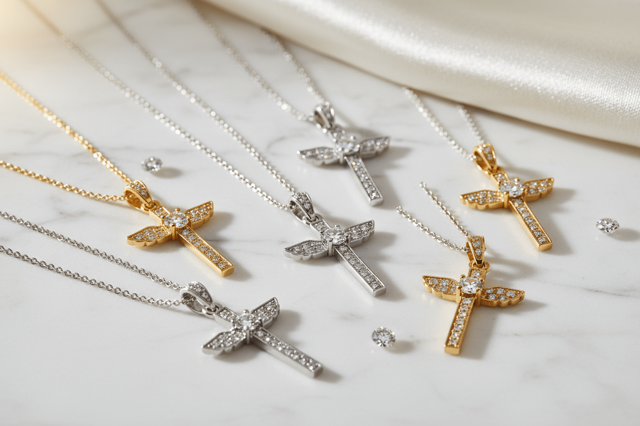 Angel cross pendants and necklaces in sterling silver and gold with diamond accents arranged on white marble — BijouxNYC Direct Angel Cross Special Sale 2026"