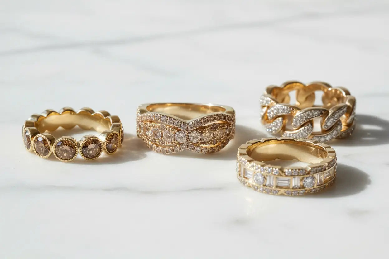 Diamond band rings for men and women — champagne, brown & white diamond styles in gold plated silver – Bijoux NYC Direct