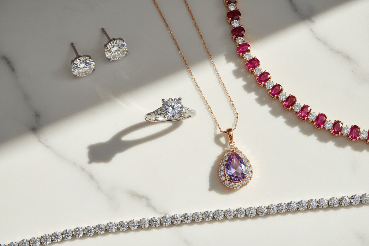 Diamond and gemstone jewelry collection — engagement ring, ruby bracelet, amethyst pendant, diamond studs, and tennis bracelet on white marble