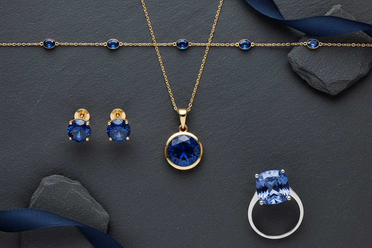 Blue September birthstone jewelry flat lay on dark slate — sapphire & blue spinel pendant, earrings & ring in gold – Bijoux NYC Direct