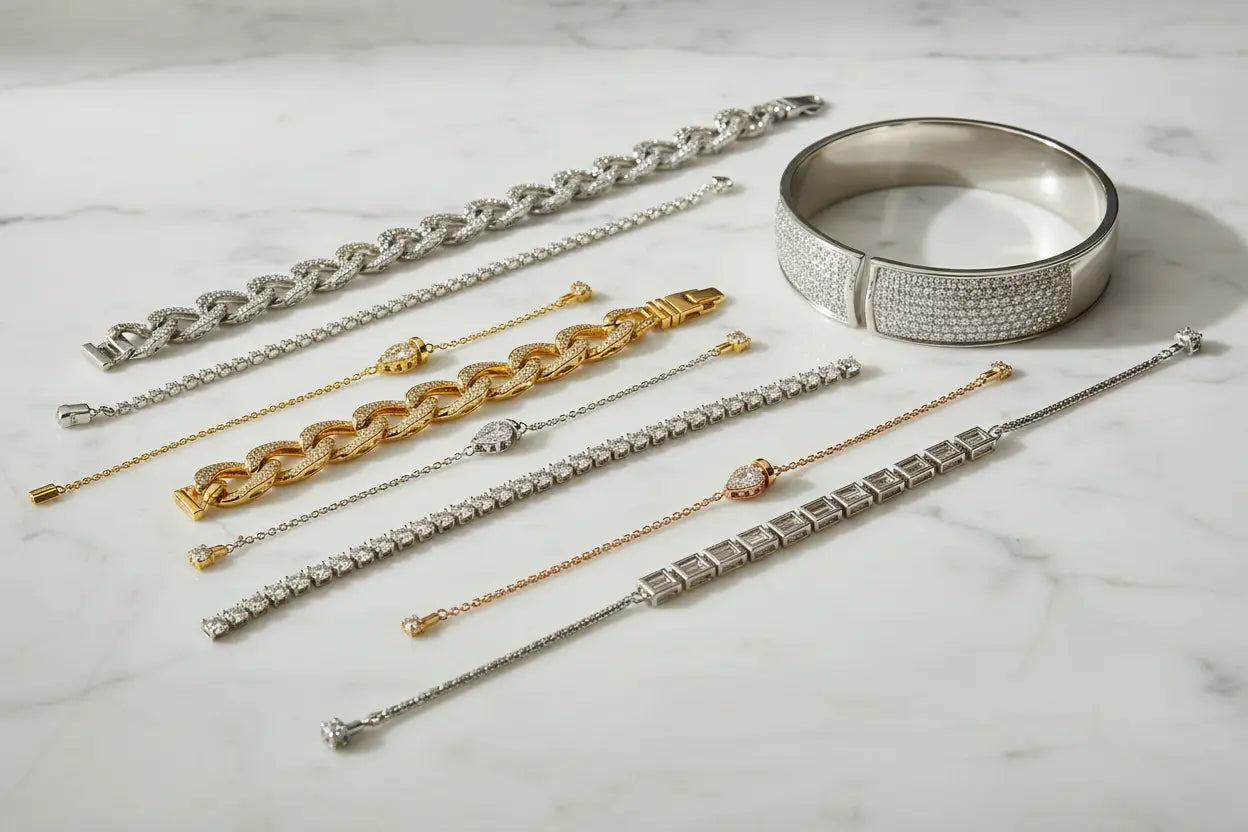 Diamond bracelets including tennis, link, bolo, and bangle styles in 10K and 14K yellow, white, and rose gold and sterling silver – Bijoux NYC Direct
