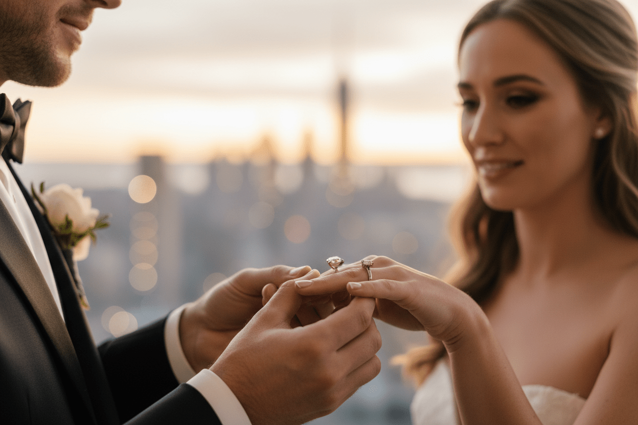 Groom placing a sparkling natural diamond engagement ring on bride's finger during a romantic proposal, NYC skyline bokeh background — Bijoux-NYC Direct Bridal Rings Collection