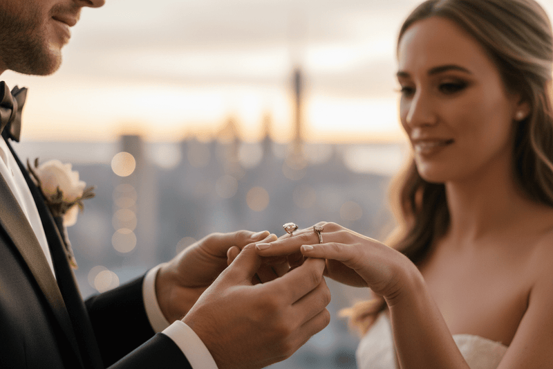 Groom placing a sparkling natural diamond engagement ring on bride's finger during a romantic proposal, NYC skyline bokeh background — Bijoux-NYC Direct Bridal Rings Collection