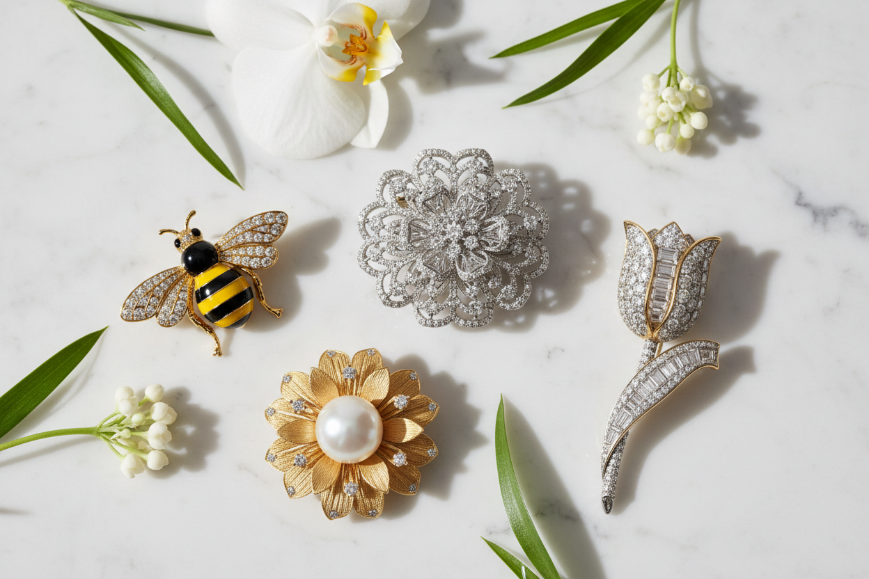 Fine diamond and gemstone brooch pins in floral filigree, bumblebee, tulip, and South Sea pearl flower styles in 18K yellow and white gold – Bijoux NYC Direct