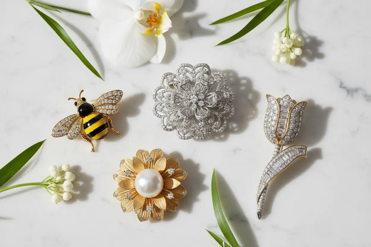 Fine diamond and gemstone brooch pins in floral filigree, bumblebee, tulip, and South Sea pearl flower styles in 18K yellow and white gold – Bijoux NYC Direct