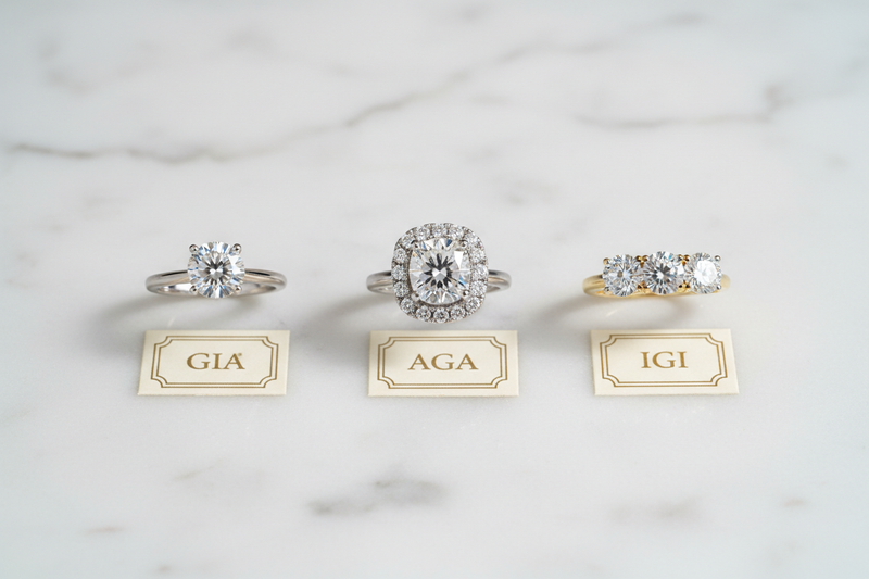 Three certified diamond rings displayed on white marble — GIA, AGA, and IGI certified natural diamonds — Bijoux-NYC Direct