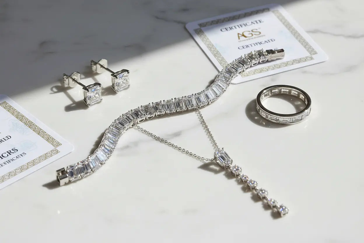 IGI and AGS certified diamond jewelry including tennis bracelet, princess cut stud earrings, eternity wedding band, and journey pendant necklace in 10K–18K white and yellow gold – Bijoux NYC Direct