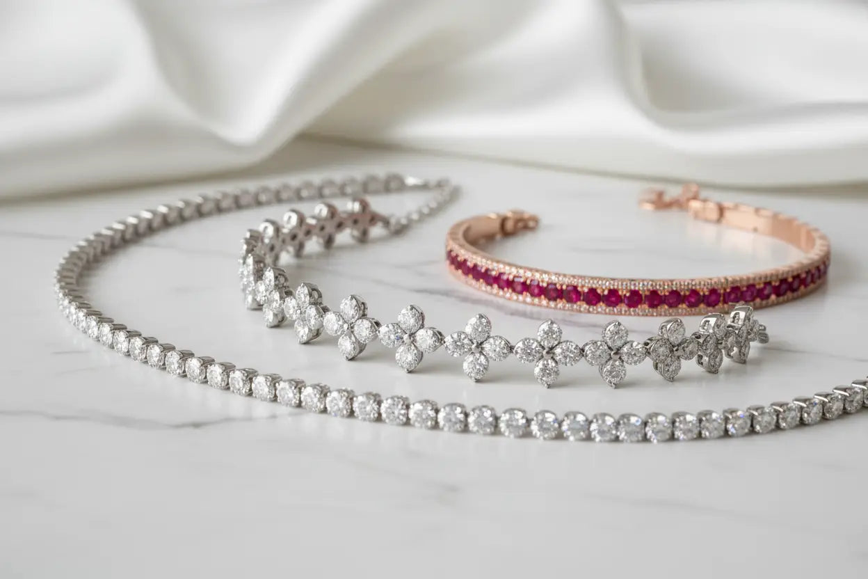 Diamond choker necklaces in floral cluster link, pave diamond curved bar with ruby, and lab grown diamond tennis styles in 14K and 18K gold and sterling silver – Bijoux NYC Direct
