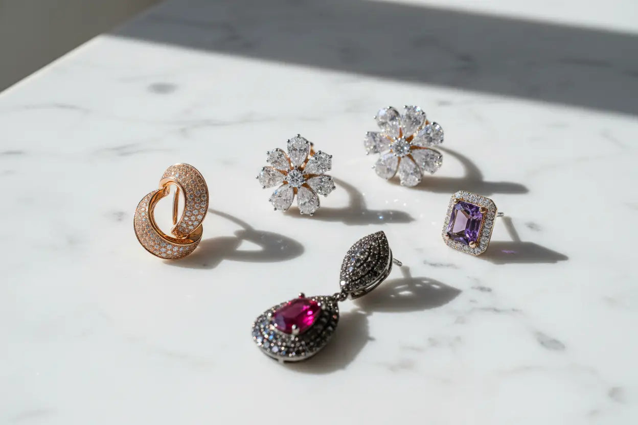 Diamond clip-on and omega back earrings in micro-pave sculptural, floral cluster, ruby drop, and amethyst geometric styles in 14K and 18K rose and white gold – Bijoux NYC Direct