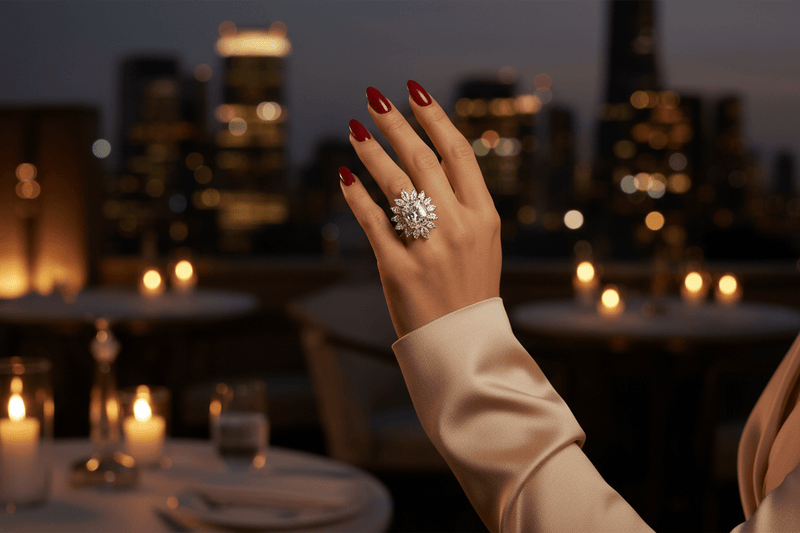 Woman wearing a bold diamond cocktail ring at an elegant evening event — Bijoux-NYC Direct Cocktail Rings Collection
