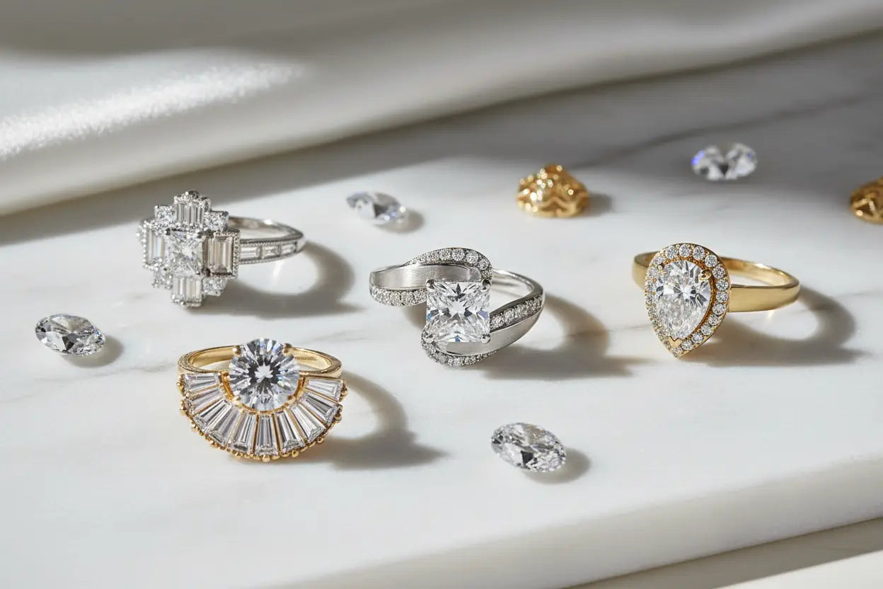 Diamond cocktail rings in swirl, art deco, ballerina, and cluster styles in 10K and 14K yellow and white gold – Bijoux NYC Direct