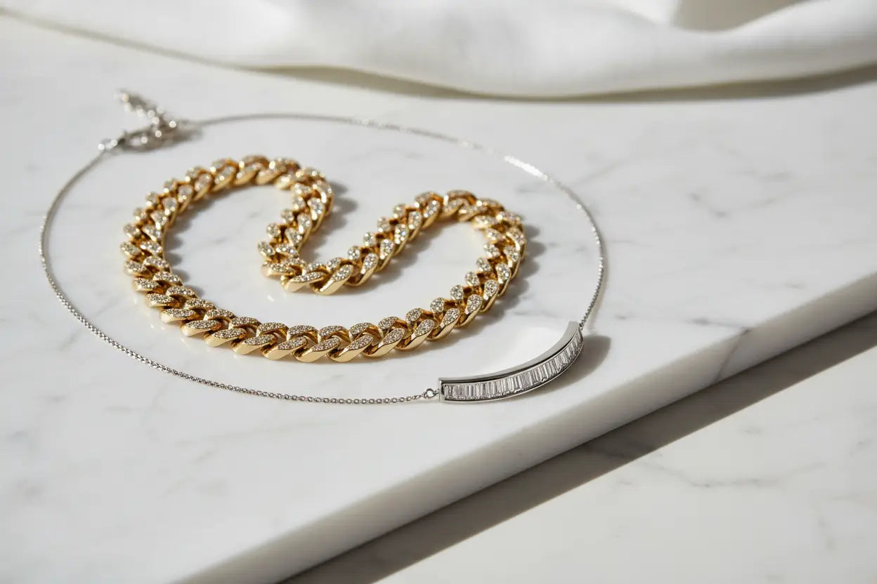 Diamond collar necklaces including a Cuban link style in 14K gold plated silver and a curved bar style in sterling silver – Bijoux NYC Direct