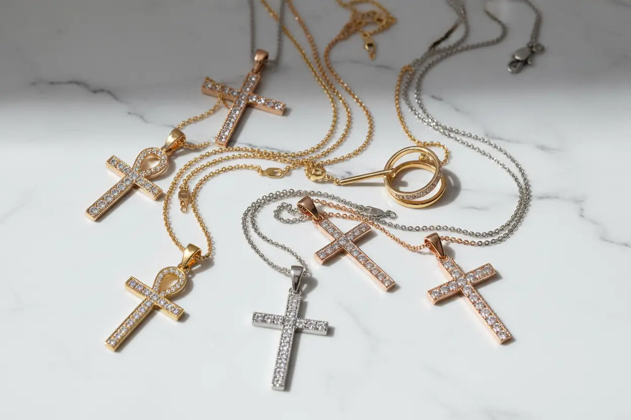 Diamond cross pendant necklaces in ankh, sideways, double loop, and multi-row styles in 10K yellow gold, rose gold, and sterling silver – Bijoux NYC Direct Cross Jewelry Collection