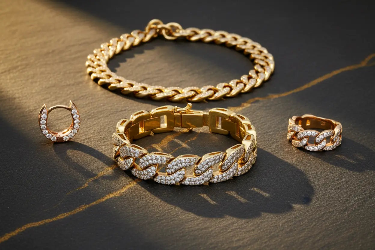 Cuban link diamond jewelry — S-link bracelet, Miami Cuban chain necklace, huggie earrings in 18K rose gold & Cuban link band ring in gold – Bijoux NYC Direct