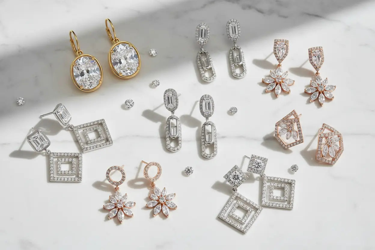 Diamond dangle earrings in oval drop, paperclip link, geometric, and floral styles in 14K gold and sterling silver – Bijoux NYC Direct