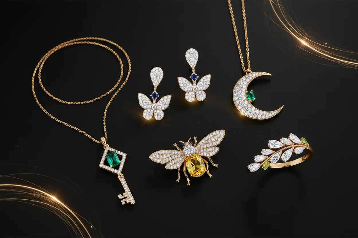 Diamond and gemstone motif jewelry collection featuring butterfly earrings, crescent moon pendant, bee brooch, and key charm necklace in sterling silver and 14K gold — Bijoux NYC Direct.