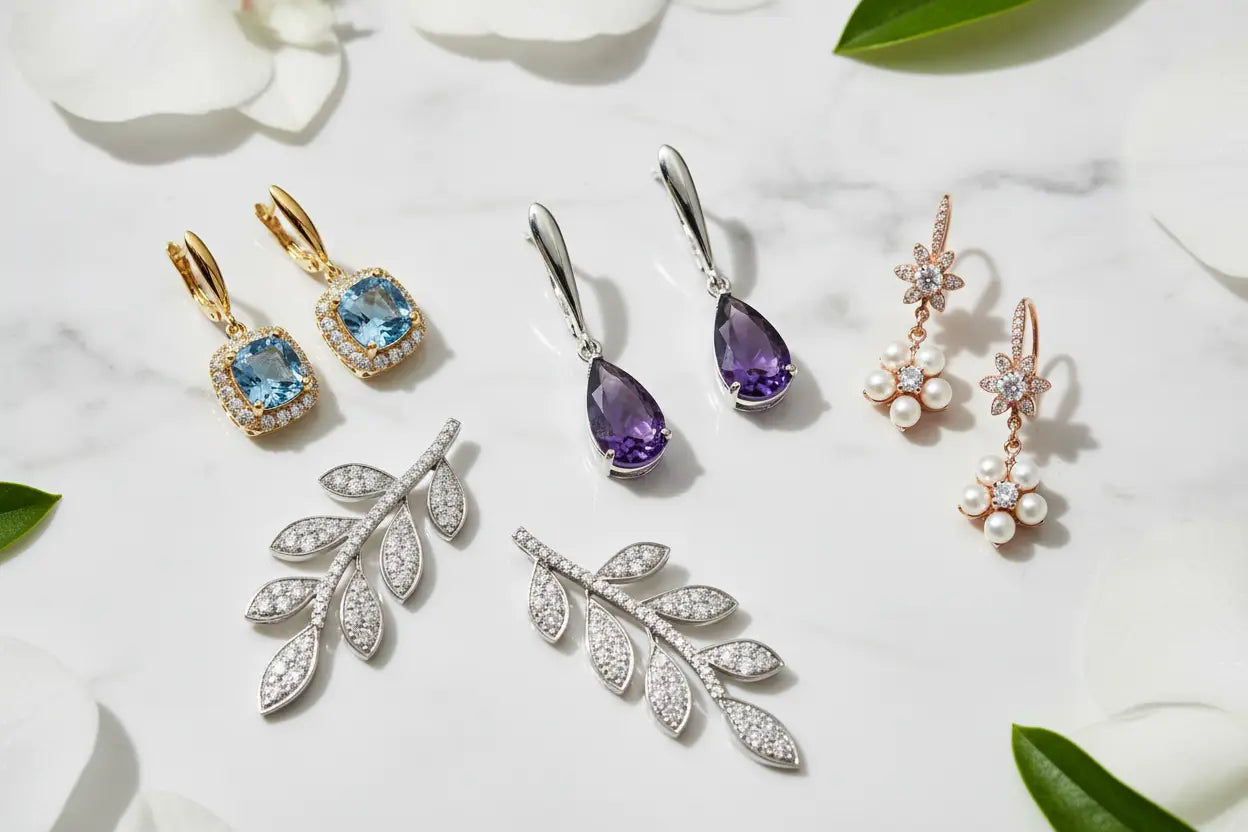 Diamond and gemstone drop earrings including amethyst teardrop, blue topaz halo, diamond leaf, and pearl floral styles in sterling silver and 14K gold – Bijoux NYC Direct