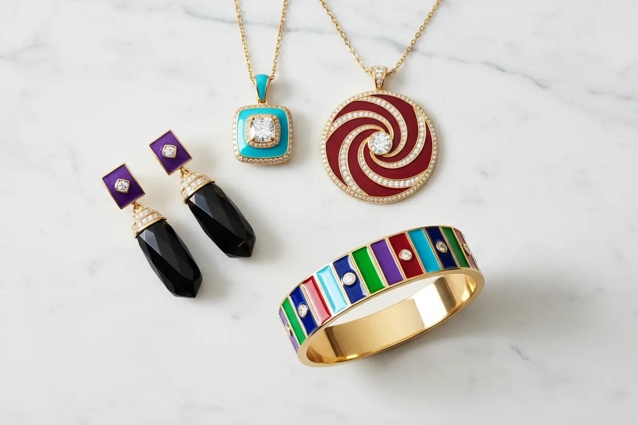 Turquoise enamel pendant necklace, red enamel diamond medallion, purple enamel drop earrings, and colorful enamel bangle — enamel fine jewelry collection at Bijoux NYC Direct