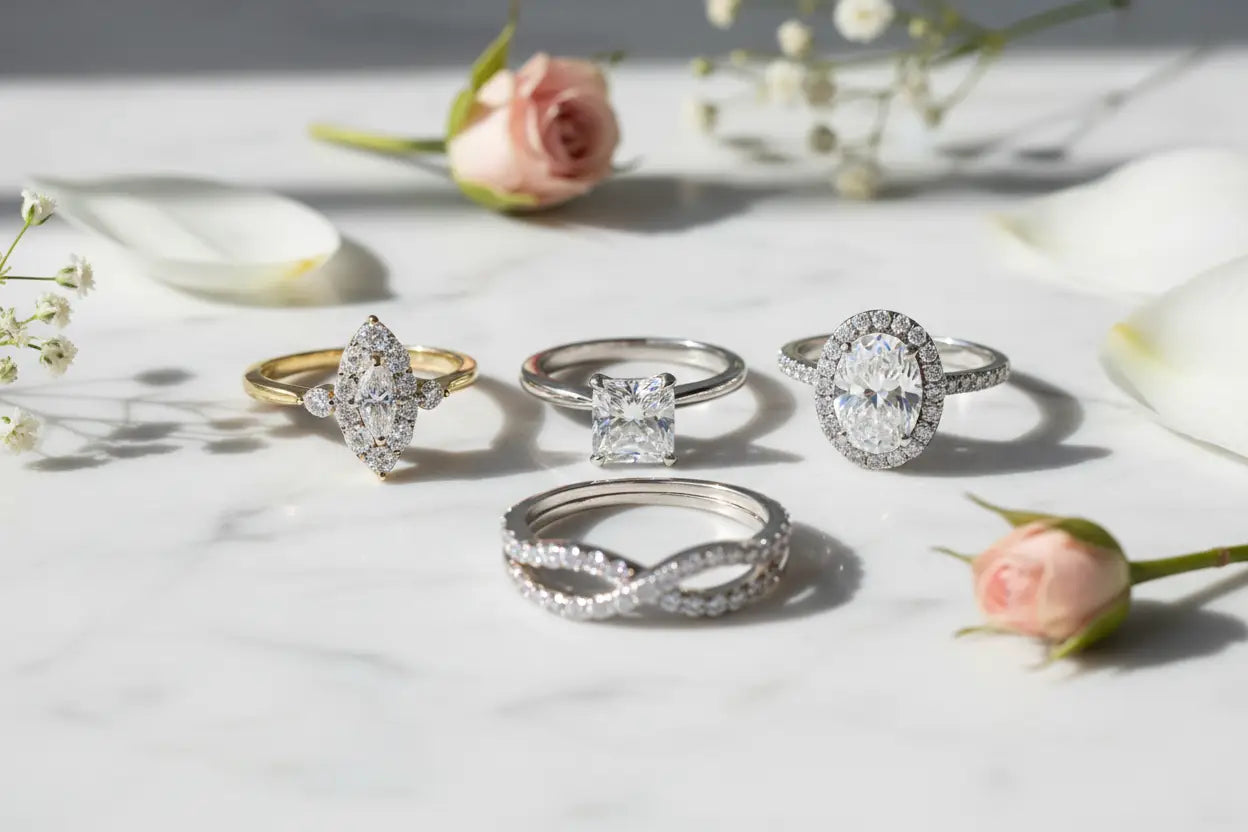 Diamond engagement rings in princess cut solitaire, marquise composite, oval halo, and bridal set styles in 10K and 14K yellow and white gold – Bijoux NYC Direct