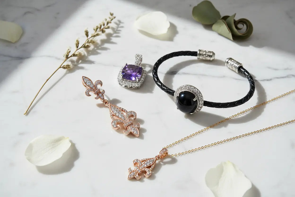 Fleur de lis jewelry including diamond trellis drop earrings in 18K rose gold, diamond pendant necklace in 14K yellow gold, amethyst pendant, and onyx bolo bracelet in sterling silver – Bijoux NYC Direct