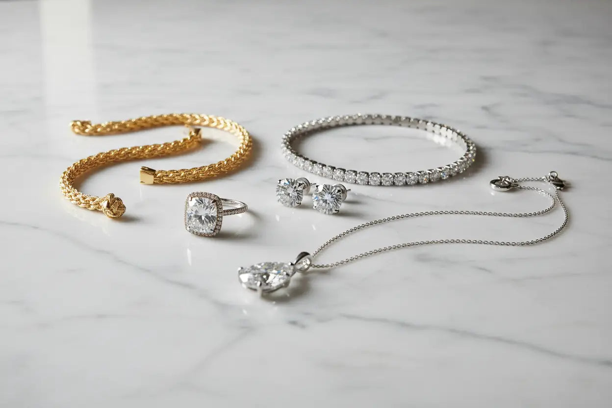 Fine diamond jewelry collection including earrings, bracelets, necklaces, pendants, and chains in gold and sterling silver – Bijoux NYC Direct
