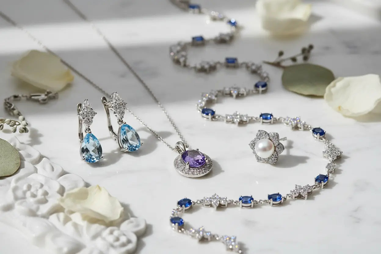Fine gemstone jewelry including amethyst and diamond halo pendant, blue topaz drop earrings, pearl floral studs, and sapphire cluster station necklace in sterling silver and 14K gold – Bijoux NYC Direct
