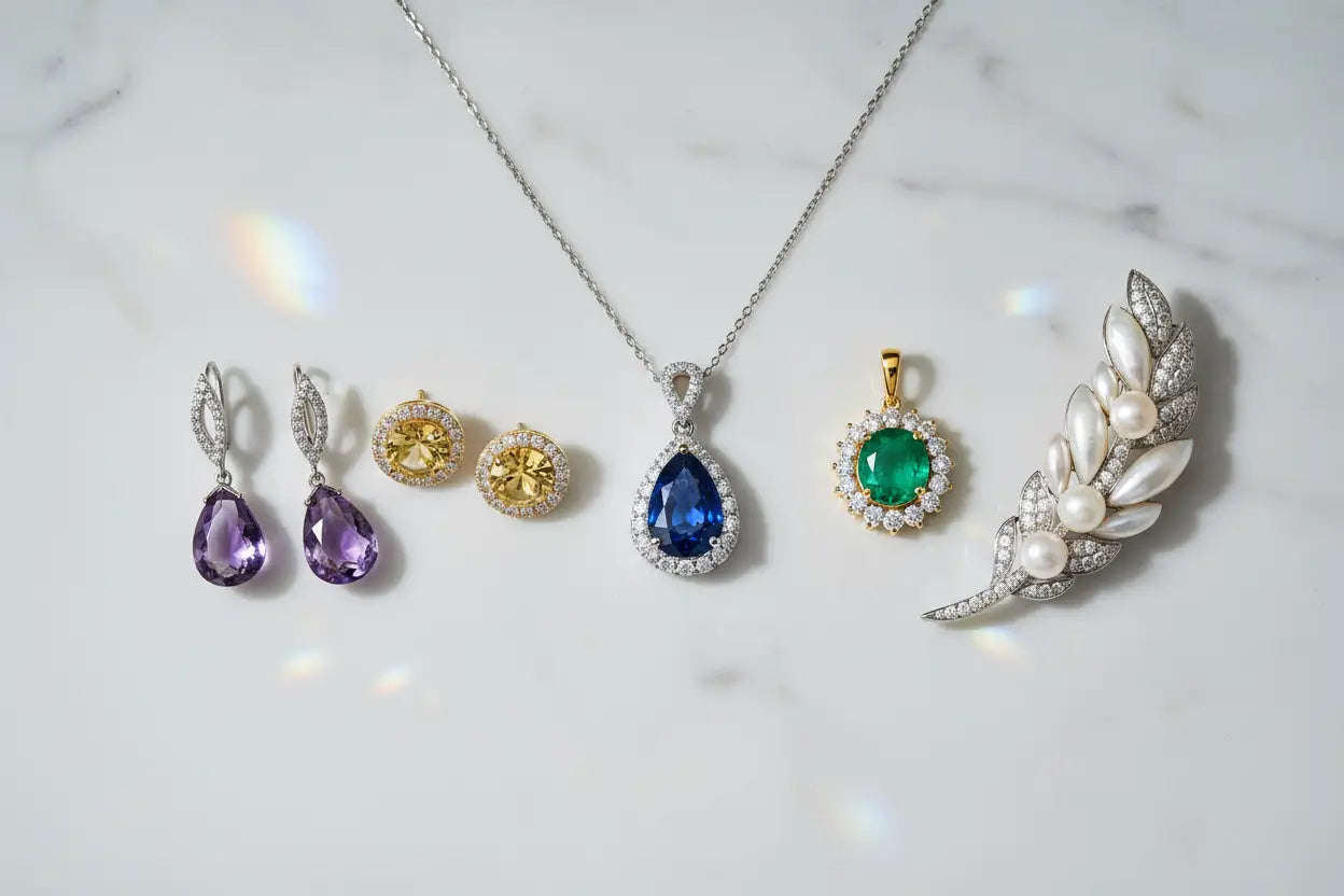 Blue sapphire pendant, amethyst drop earrings, citrine studs, emerald halo pendant, and pearl brooch — gemstone fine jewelry collections at Bijoux NYC Direct