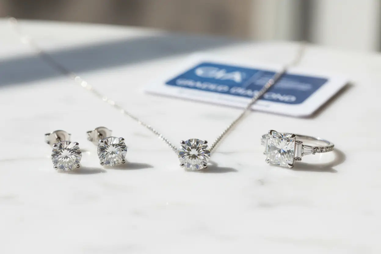 GIA certified diamond jewelry flat lay on white marble — solitaire pendant, stud earrings & diamond ring – Bijoux NYC Direct