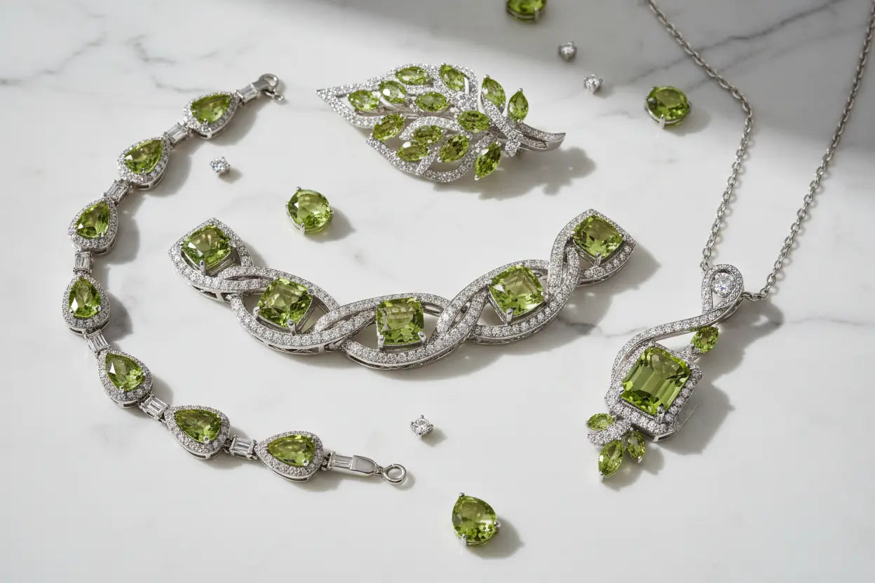 Green peridot and diamond bracelets, necklace, and brooch in sterling silver and 18K white gold – Bijoux NYC Direct